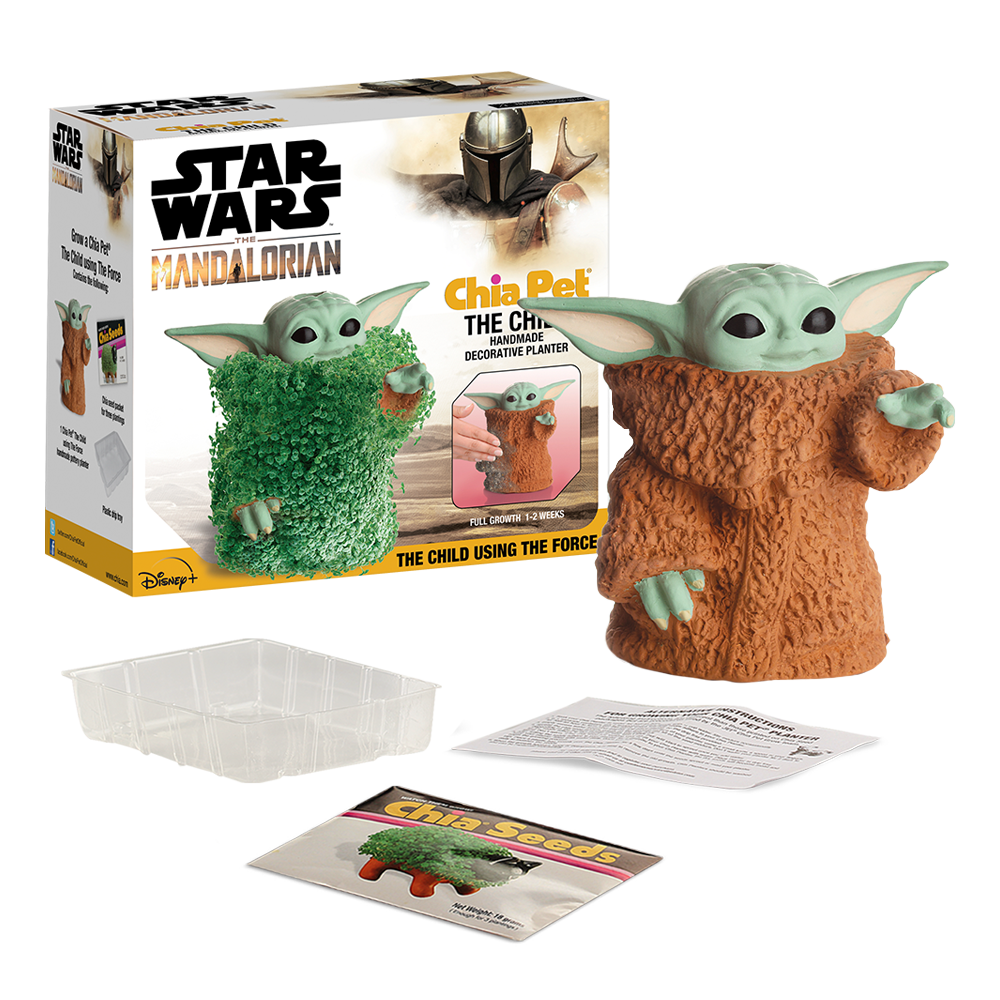 Star Wars™ The Mandalorian The Child Using The Force Chia Pet® with box, drip tray, seed packet, and instructions