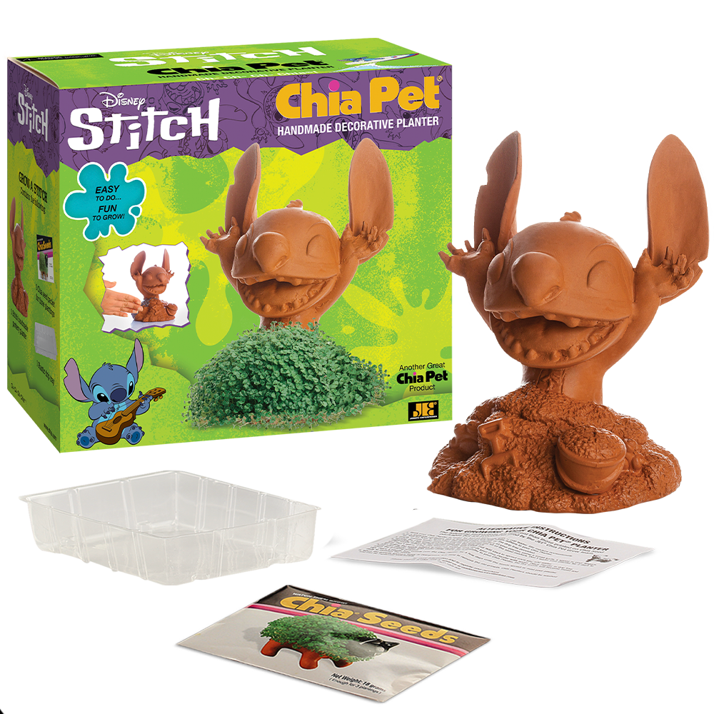 Stitch Chia Pet® with box, drip tray, seed packet, and instructions