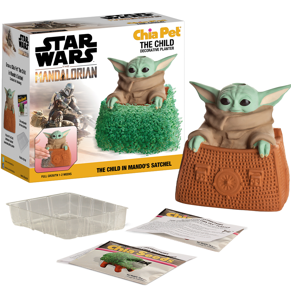 Star Wars™ The Mandalorian The Child in Mando's Satchel Chia Pet® with box, drip tray, seed packet, and instructions