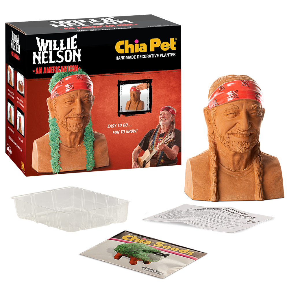 Willie Nelson Chia Pet® with box, drip tray, seed packet, and instructions