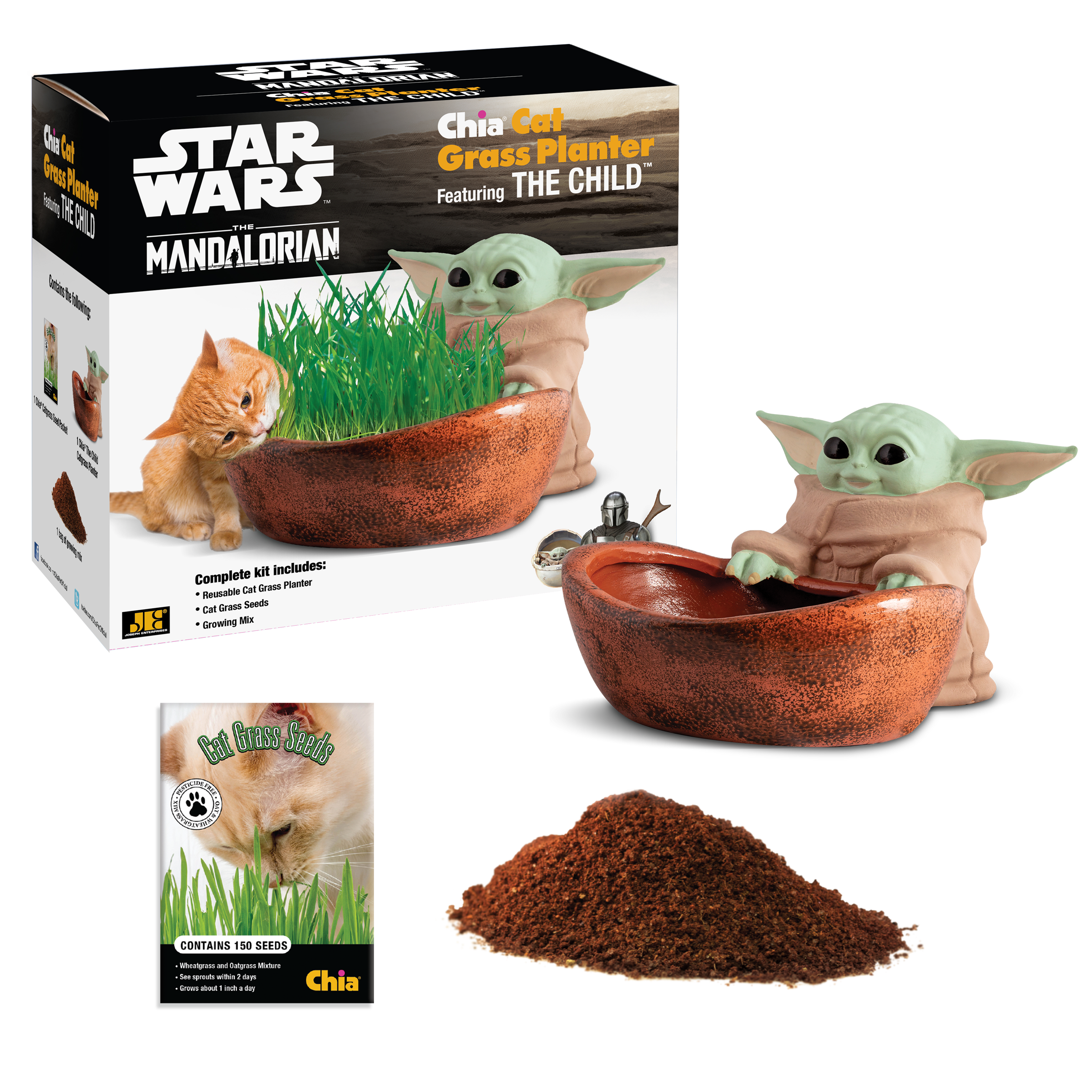 Star Wars™ The Child Chia® Cat Grass Planter with box, seed packet, and growing medium