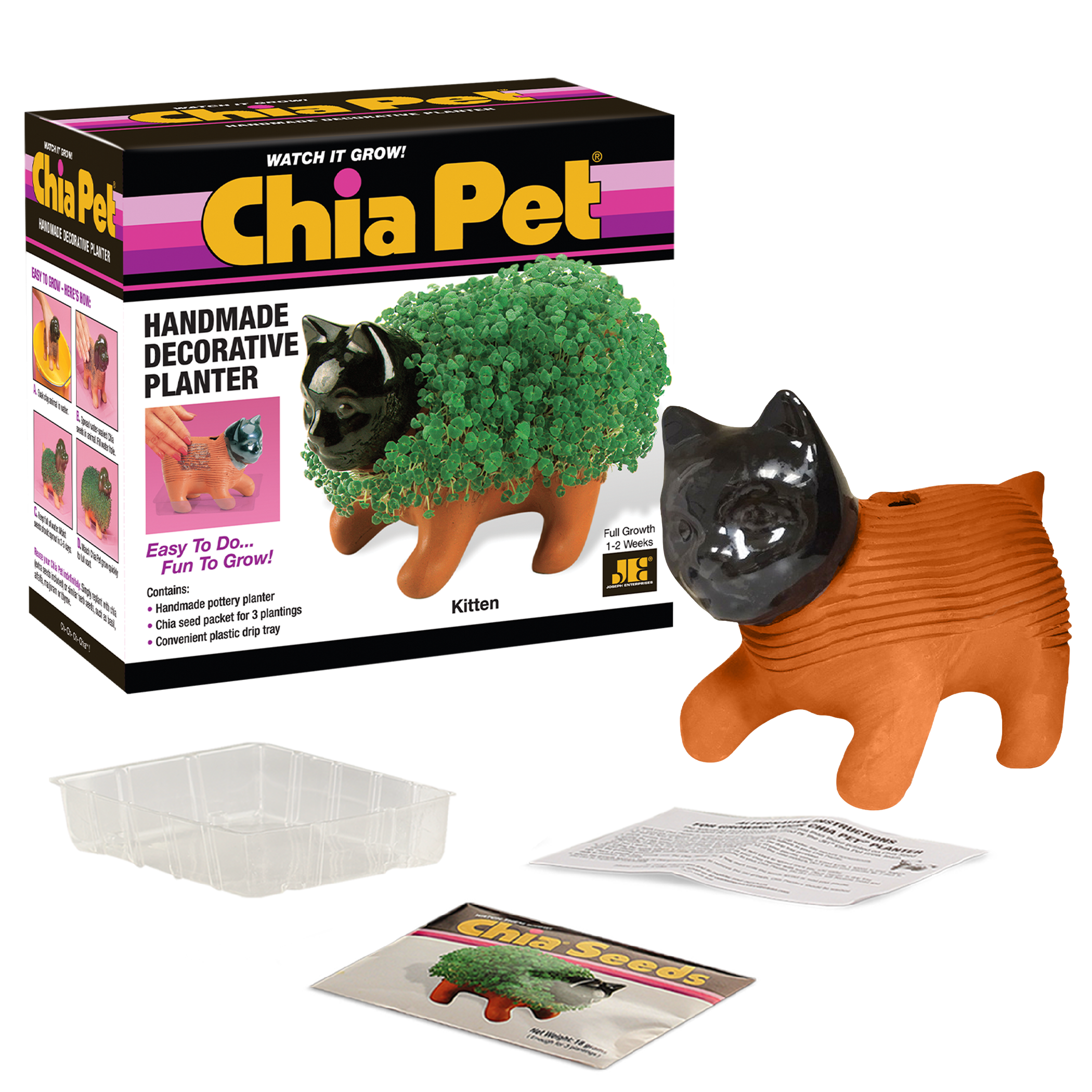 Original Kitten Chia Pet® with box, drip tray, seed packet, and instructions