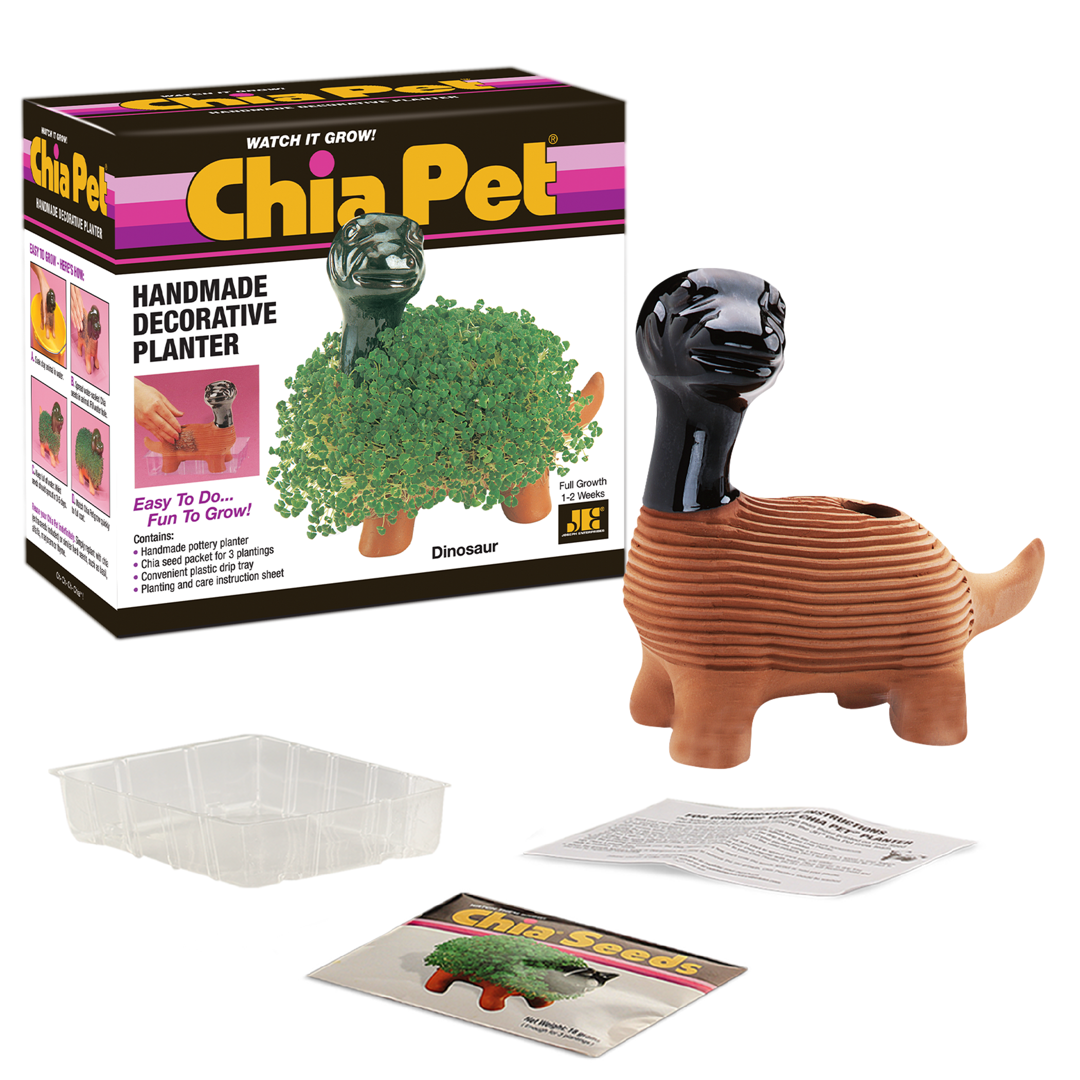 Original Dinosaur Chia Pet® with box, drip tray, seed packet, and instructions