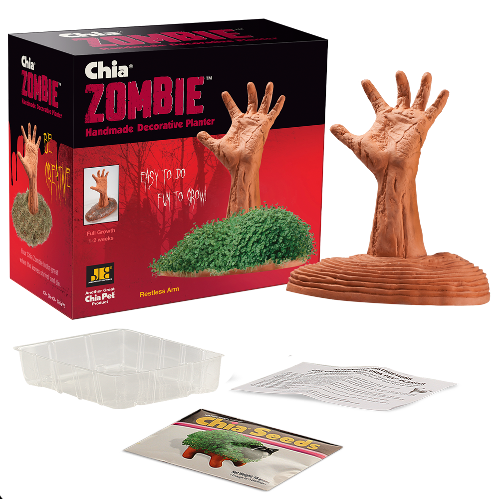 Zombie Restless Arm Chia Pet® with box, drip tray, seed packet, and instructions