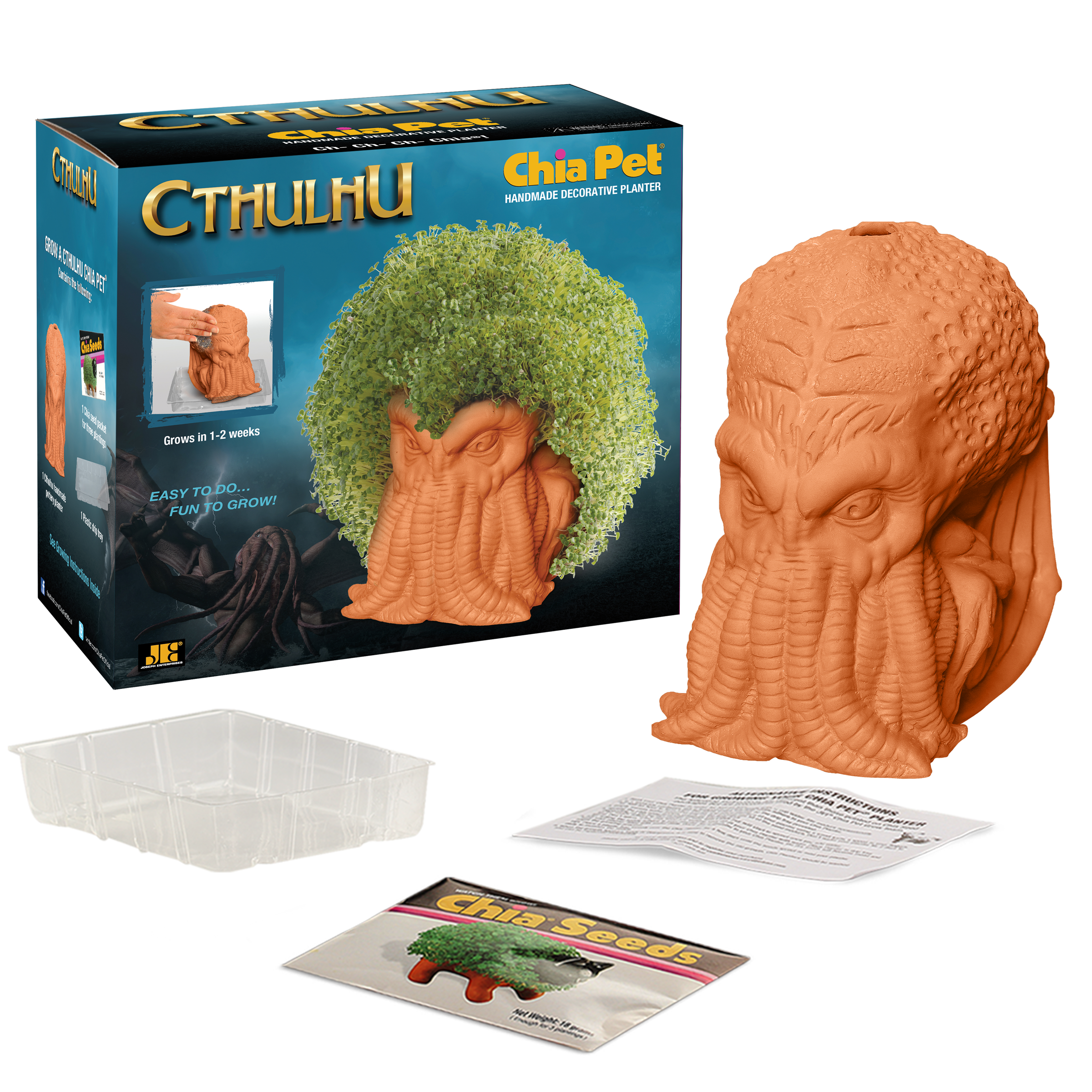 Cthulhu Chia Pet® with box, drip tray, seed packet, and instructions