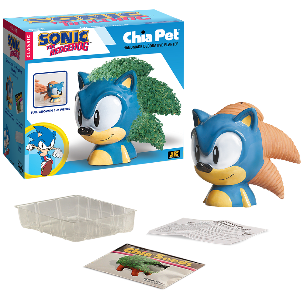 Sonic the Hedgehog Chia Pet® with box, drip tray, seed packet, and instructions