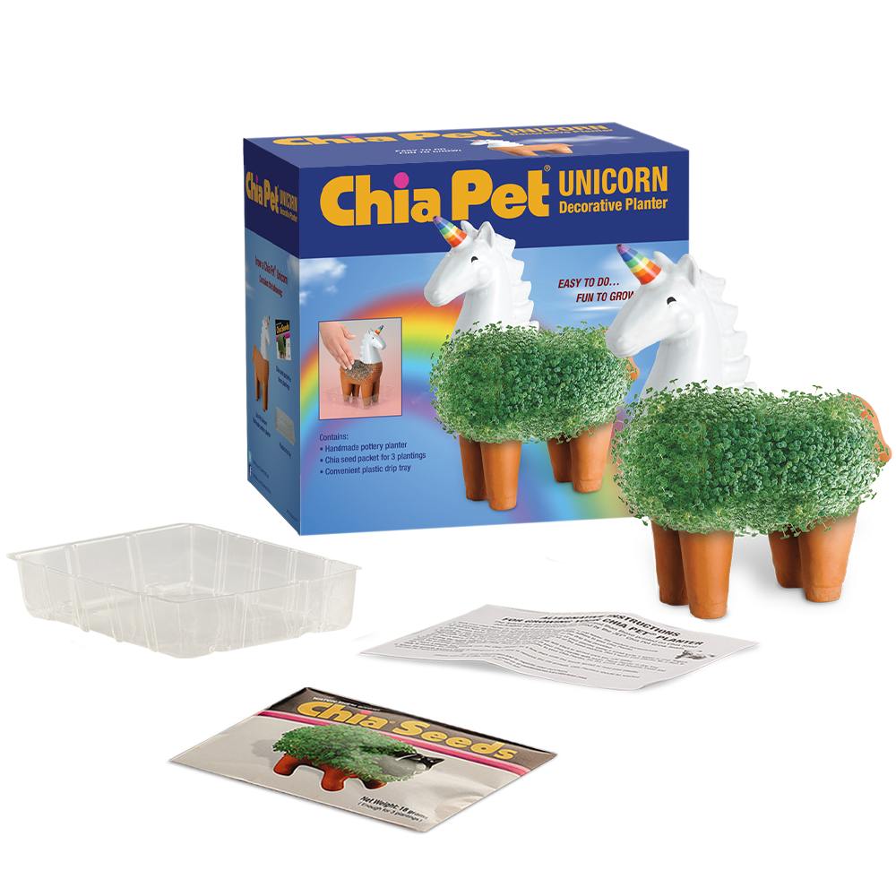Unicorn Chia Pet® with box, drip tray, seed packet, and instructions