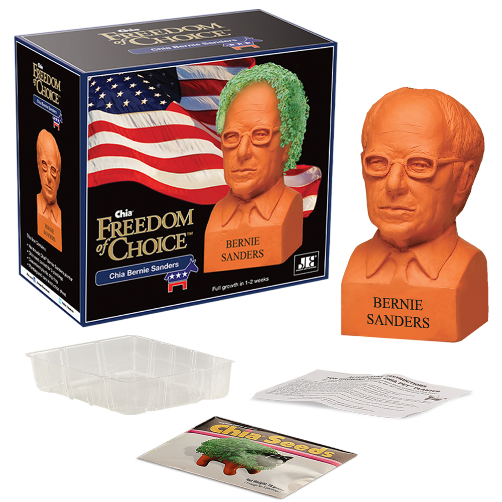 Bernie Sanders Chia Pet® with box, drip tray, seed packet, and instructions