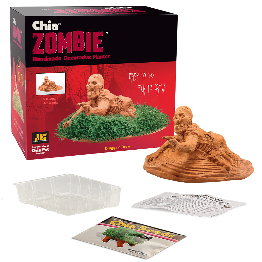 Zombie Crawler Chia Pet® with box, drip tray, seed packet, and instructions