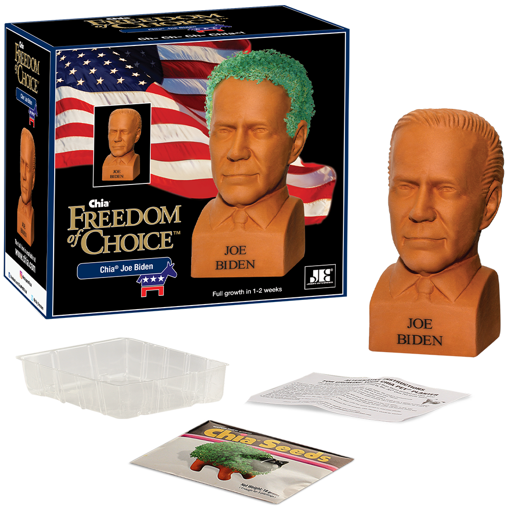 Joe Biden Chia Pet® with box, drip tray, seed packet, and instructions