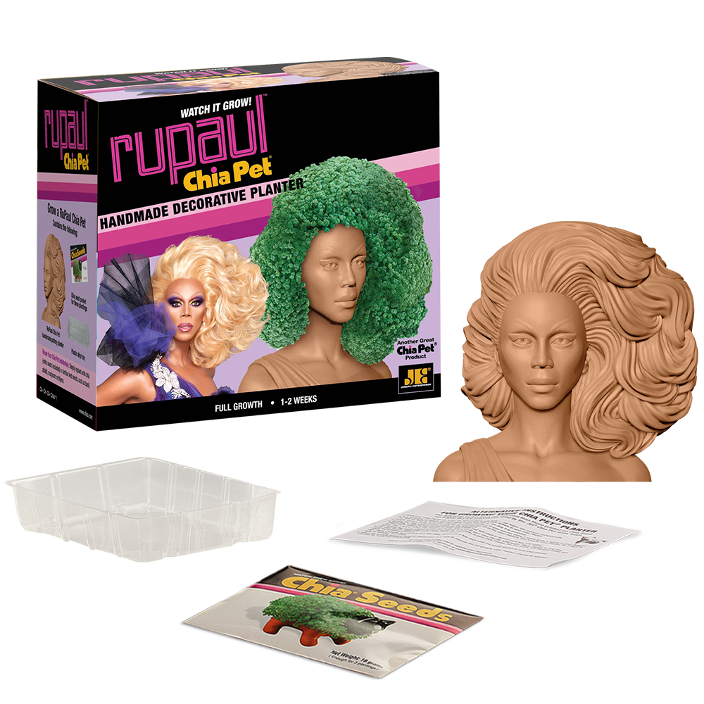 RuPaul Chia Pet® with box, drip tray, seed packet, and instructions