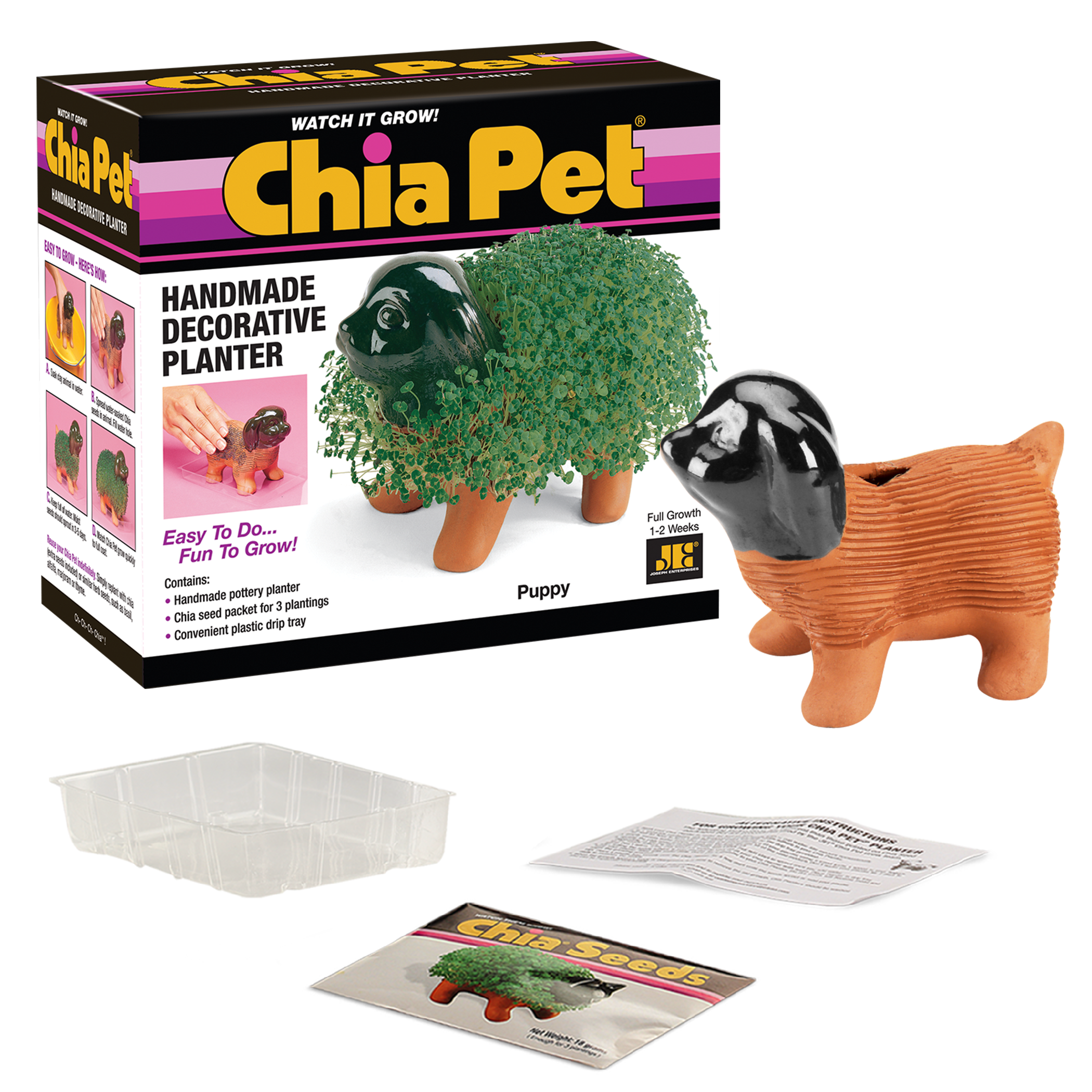 Original Puppy Chia Pet with all components: box, Chia Pet, drip tray, instructions, seed packet