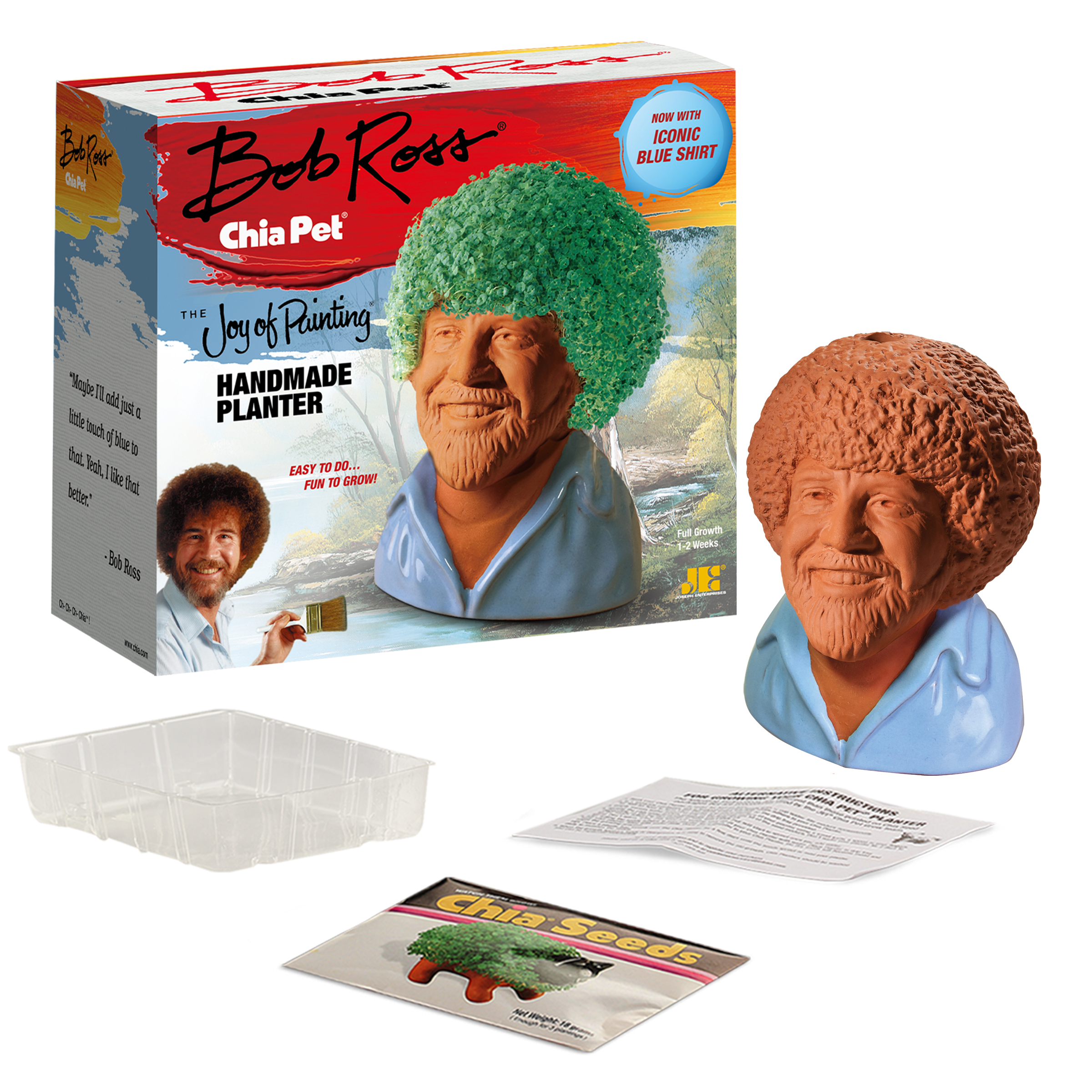 Bob Ross in Blue Shirt Chia Pet® with box, drip tray, seed packet, and instructions