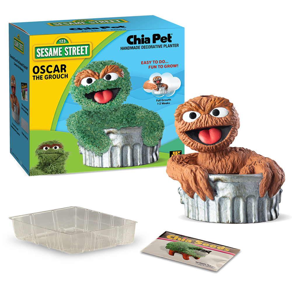 Oscar the Grouch Chia Pet with box, plastic drip tray, and chia seed packet